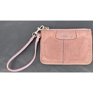Coach Pinkish Beige Wristlet Coin Wallet with Zipper, Logo, and Strap Accents